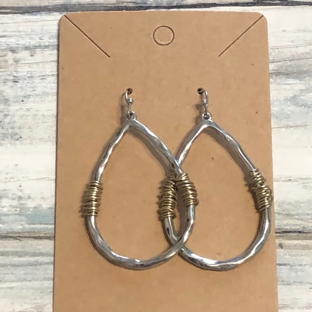 Teardrop Hammered‎ Artisan EARRINGS Silver Tone Gold Drop Dangle Hook 2